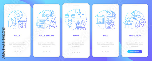 Lean production key principle blue gradient onboarding mobile app screen. Walkthrough 5 steps graphic instructions pages with linear concepts. UI, UX, GUI template. Myriad Pro-Bold, Regular fonts used