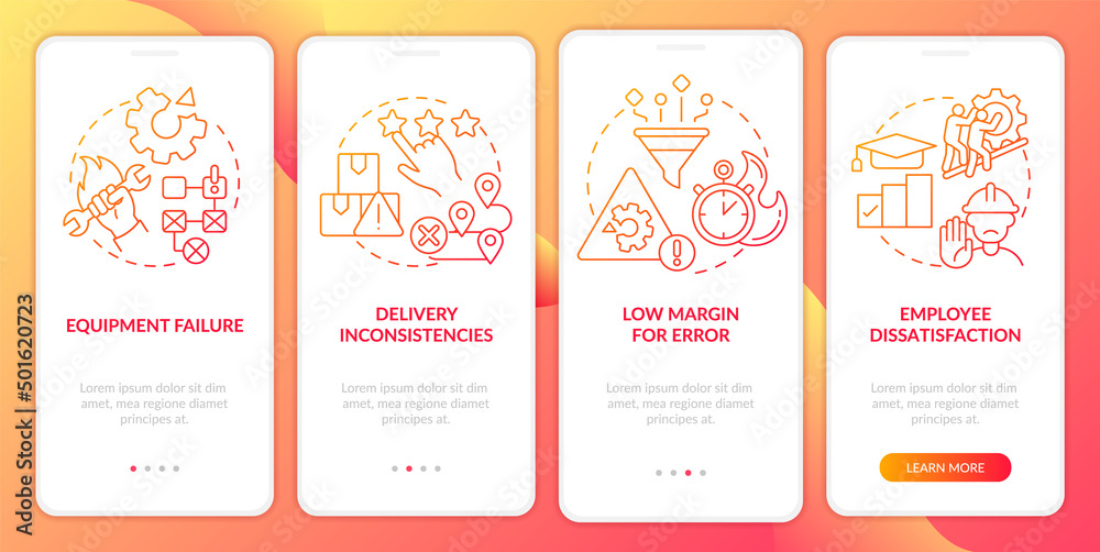 Lean production disadvantages red gradient onboarding mobile app screen. Walkthrough 4 steps graphic instructions pages with linear concepts. UI, UX, GUI template. Myriad Pro-Bold, Regular fonts used