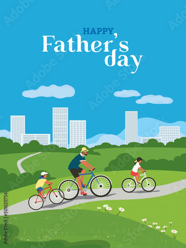 Happy father, son, daughter enjoy biking in city parkland landscape vector poster. Dad, kids family together enjoy nature outdoors flat color illustration. Fathers Day Holiday flyer, banner background