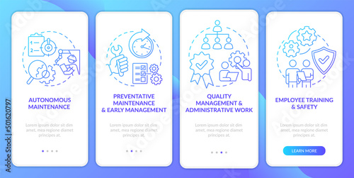 Total productive maintenance blue gradient onboarding mobile app screen. Walkthrough 4 steps graphic instructions pages with linear concepts. UI, UX, GUI template. Myriad Pro-Bold, Regular fonts used