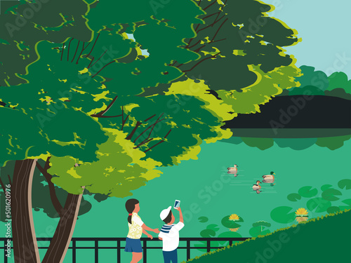 Kids watching ducks in urban garden pond vector poster. Green summer town park nature background. Ducks floating on lake. City natural parkland leisure rest and fun cozy place hand drawn illustration