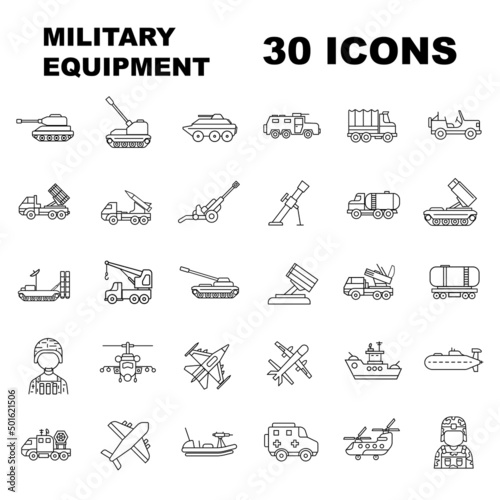 set of 30 outline army web icons. military vehicles,  planes and boats.