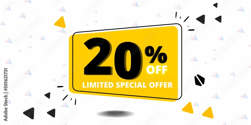 Fototapeta premium 20% off limited special offer. Banner with twenty percent discount on a white background with yellow square and black