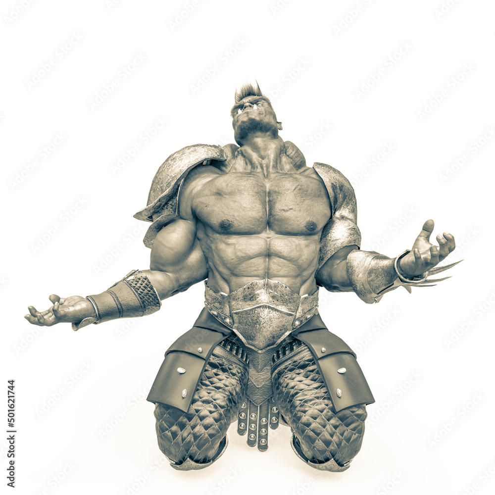 orc on his knees in a white background orc on his knees in a white background