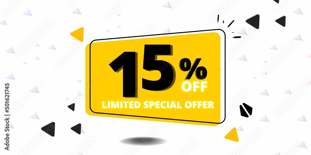 Fototapeta premium 15% off limited special offer. Banner with fifteen percent discount on a white background with yellow square and black