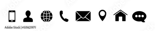 Business card icons. Contacts icons. Phone, globe, envelope, address, home, at sign. Black vector icons isolated on white background. Vector clipart.
