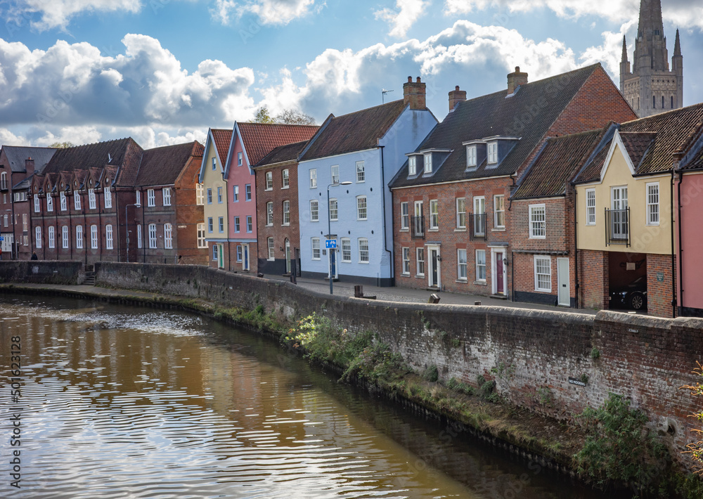 Vibrant and colourful houses along the historic Quayside along the bank of the River Wensum