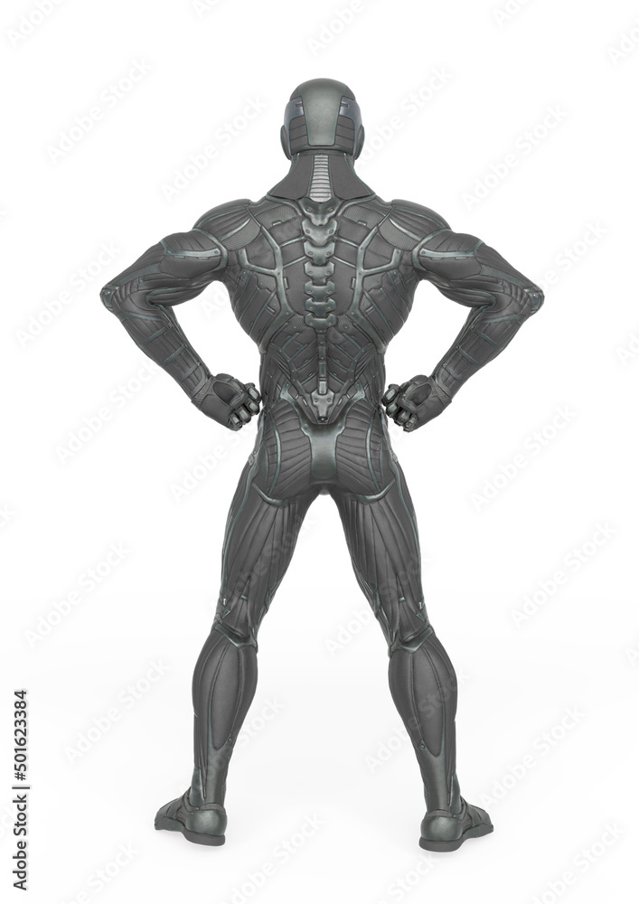 super hero in an exosuit is doing a power pose rear view