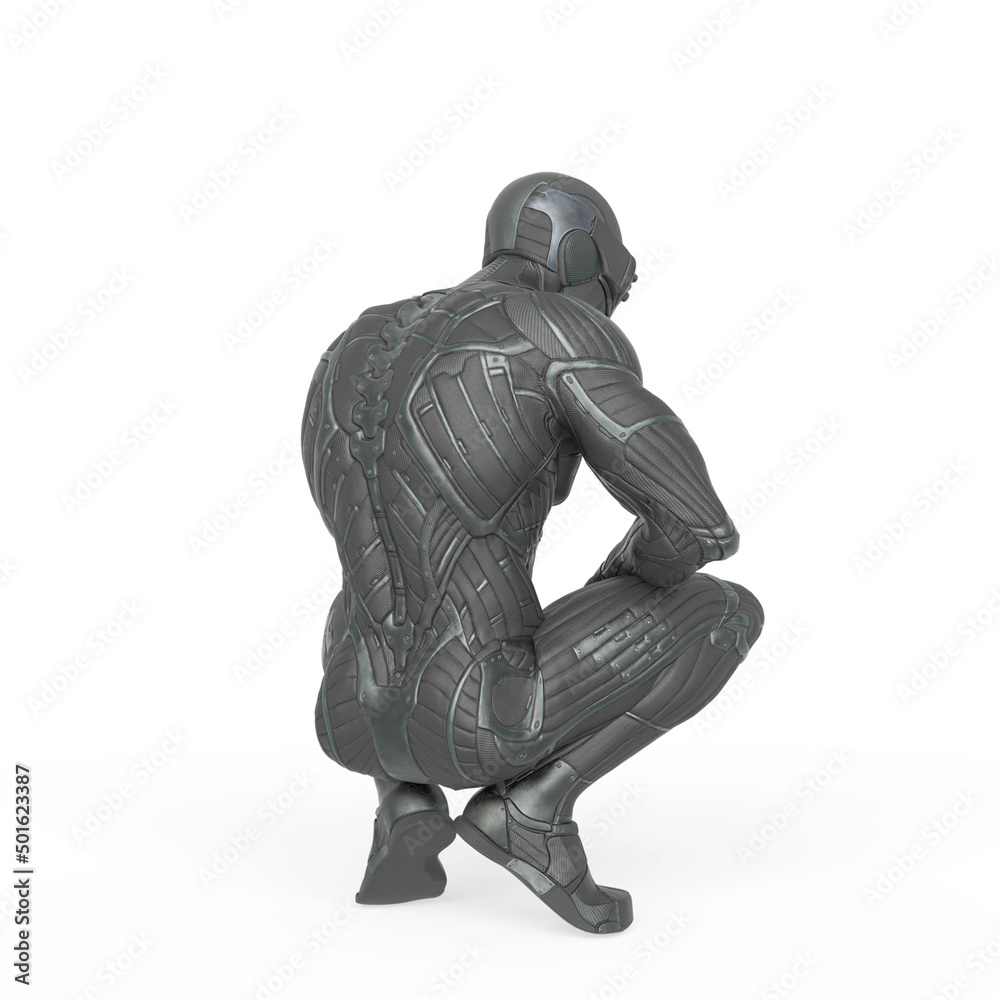 super hero in an exosuit is crouching rear view