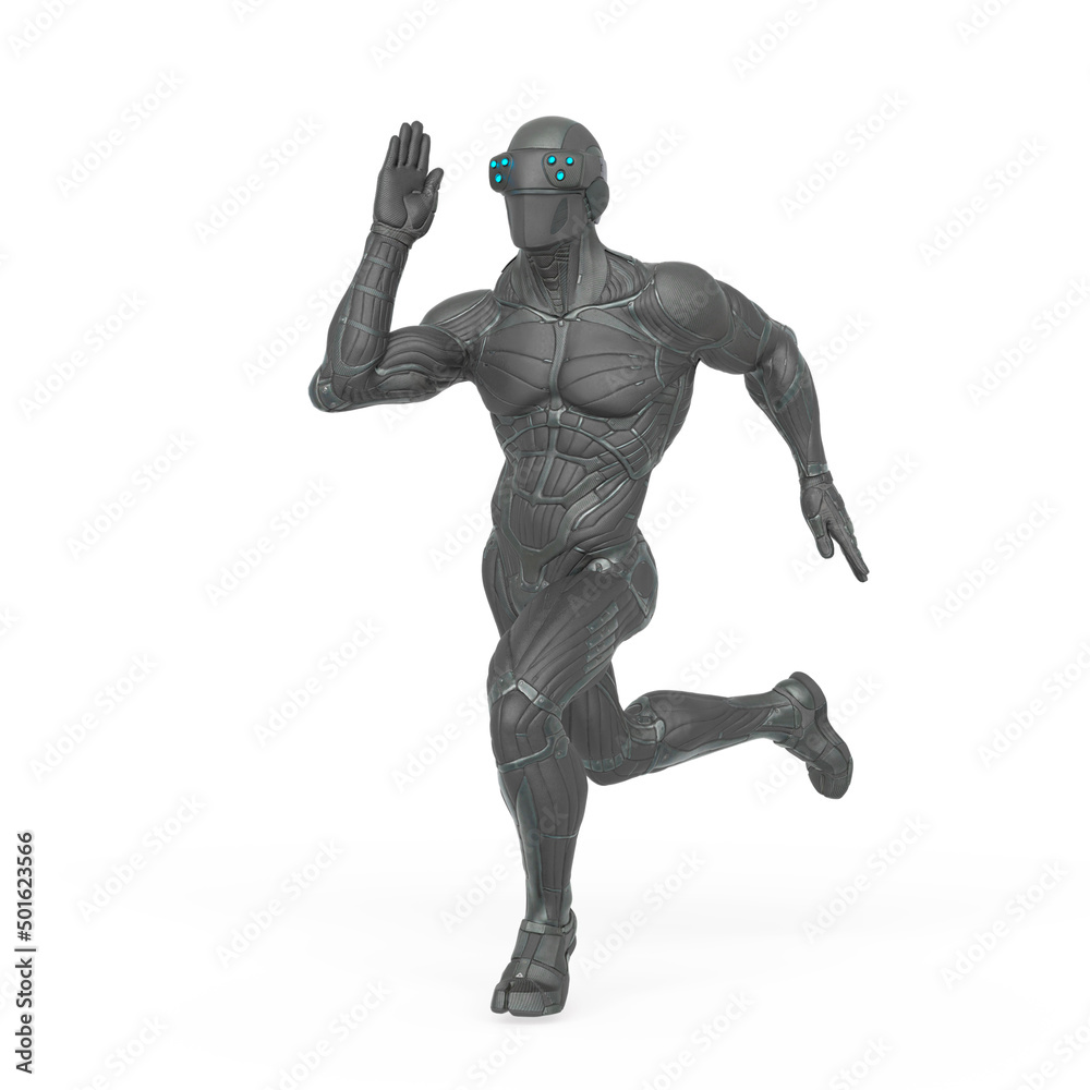 super hero in a exosuit is running in action super hero in a exosuit is running in action