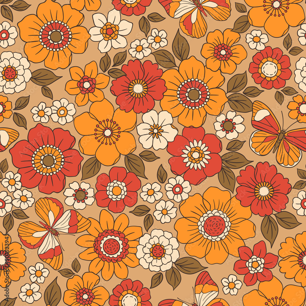 Colorful 60s -70s style retro hand drawn floral pattern. Orange and flowers. Vintage seamless vector background. Hippie style, print for fabric, fashion prints and surface design. Stock. Stock Vector