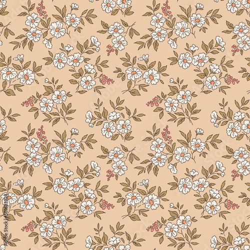 Seamless vintage floral pattern. Beautiful white flowers and gold leaves on beige background. Delicate flowers in ditsy style. Stock vector for prints on surface.