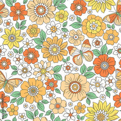 Colorful 60s -70s style retro hand drawn floral pattern. Yellow and orange flowers. Vintage seamless vector background. Hippie style, print for fabric, swimsuit, fashion prints and surface design. 