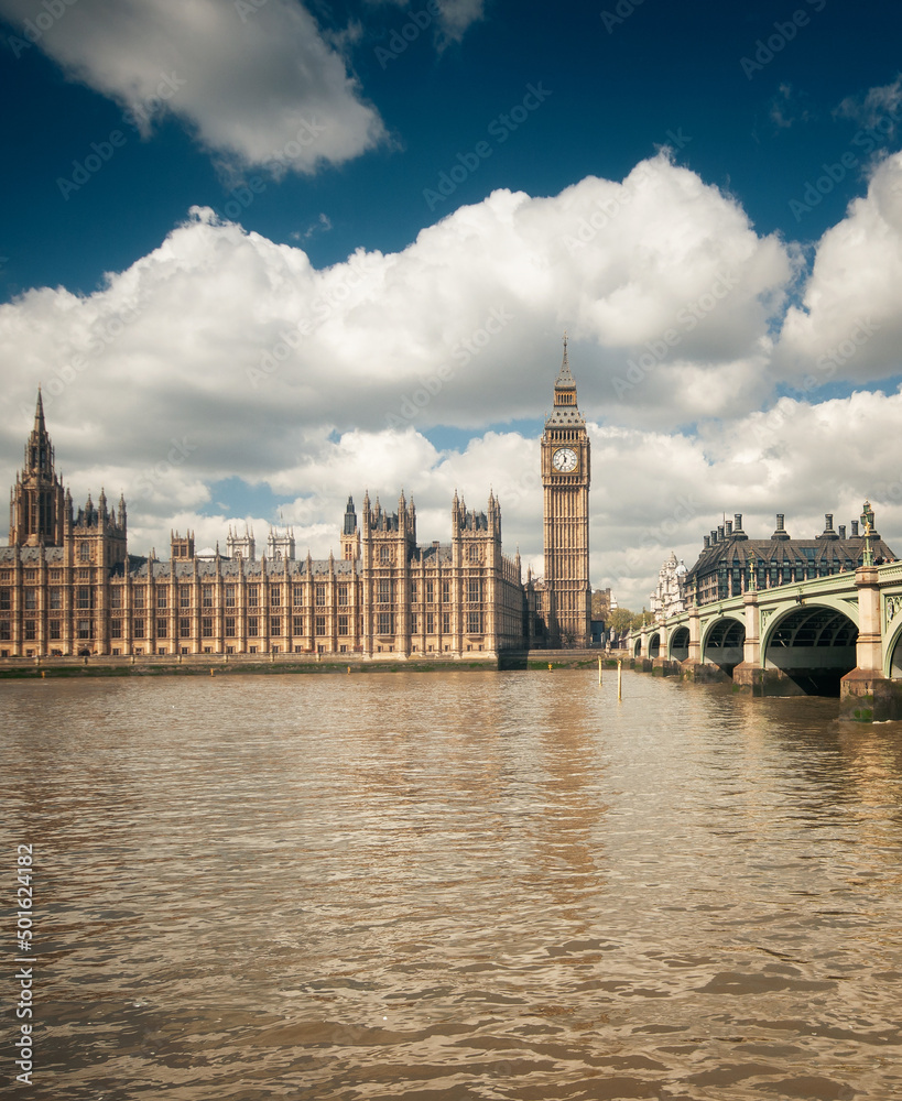 LONDON, UNITED KINGDOM - 26 APRIL, 2015: Big Ben and the Houses of Parliament in London, UK on 26 April, 2015. London is the capital of England.