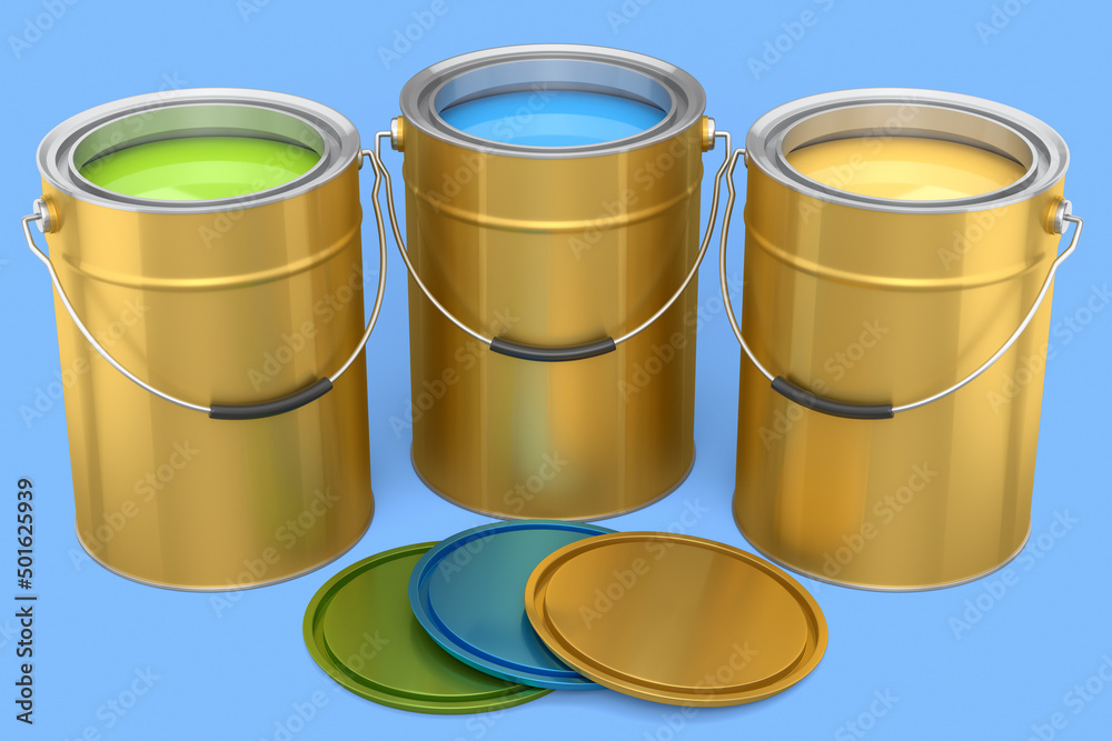 Set of open metal can or buckets of paint with handle on blue background. Set of open metal can or buckets of paint with handle on blue background.