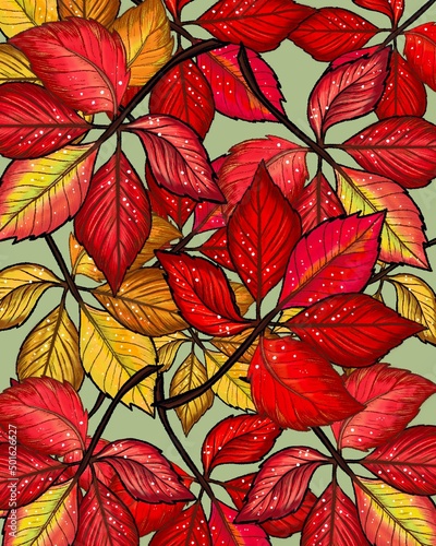 Autumn background with autumn leaves in red and yellow color, pattern, seamless texture. Hand drawn, autumn leaves illustration