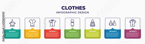 Fotografiet clothes infographic design template with scarf on hanger, v neck shirt, polo shirt, long bandeau dress, hooded jacket, brassiere, cotton polo shirt icons and 7 option or steps