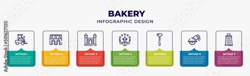 Fotografiet bakery infographic design template with loader, aqueduct, inflatable castle, juggler, dead blow hammer, circular saw, grater icons and 7 option or steps