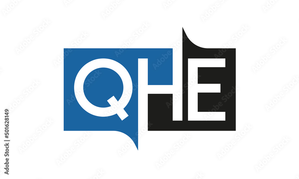 QHE Square Framed Letter Logo Design Vector with Black and Blue Colors QHE Square Framed Letter Logo Design Vector with Black and Blue Colors