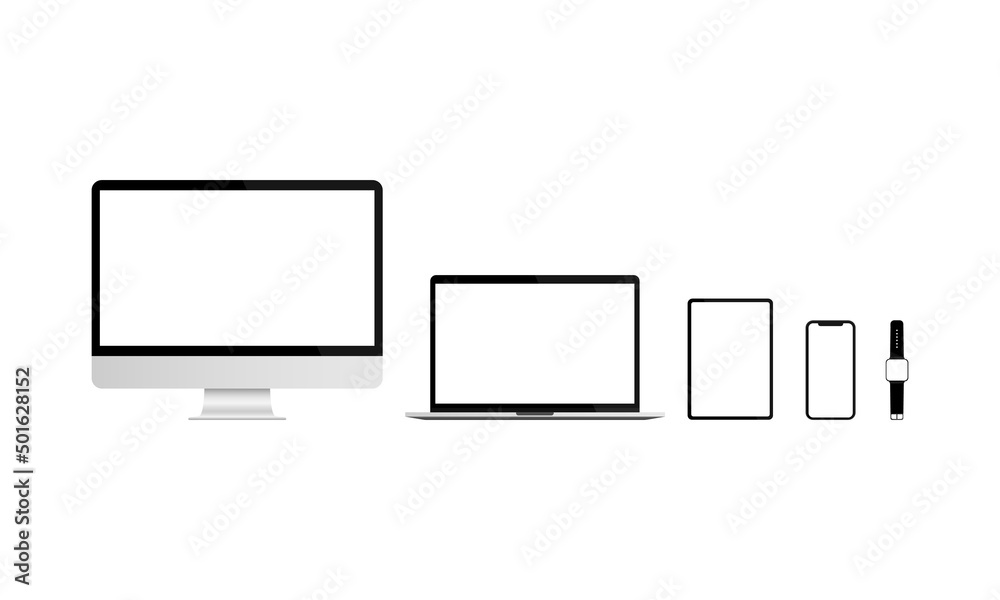 Monitor laptop tablet phone and smart watch realistic set. Vector device screens