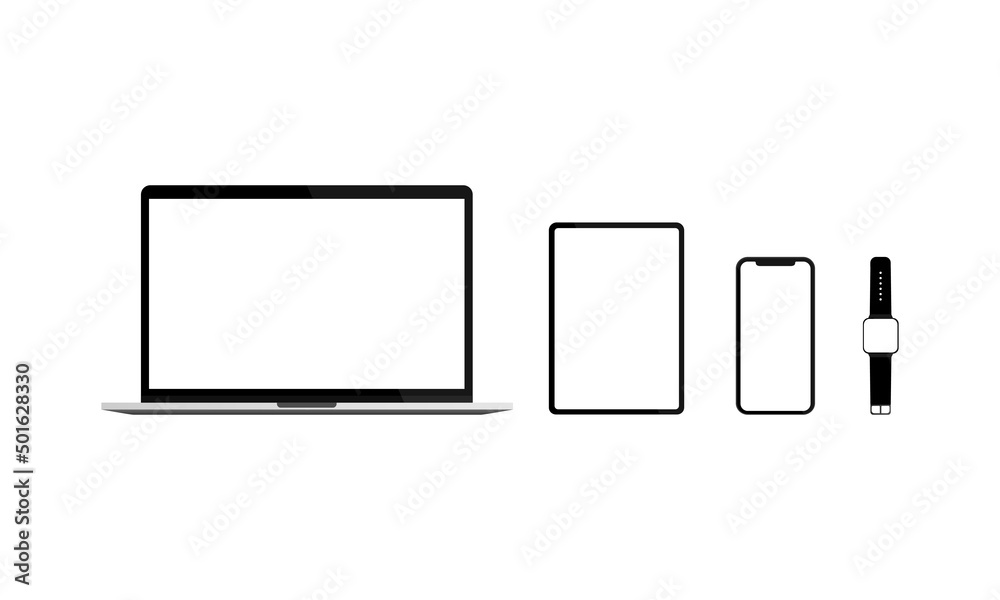 Laptop tablet phone and smart watch realistic set. Vector device screens EPS10 Laptop tablet phone and smart watch realistic set. Vector device screens EPS10