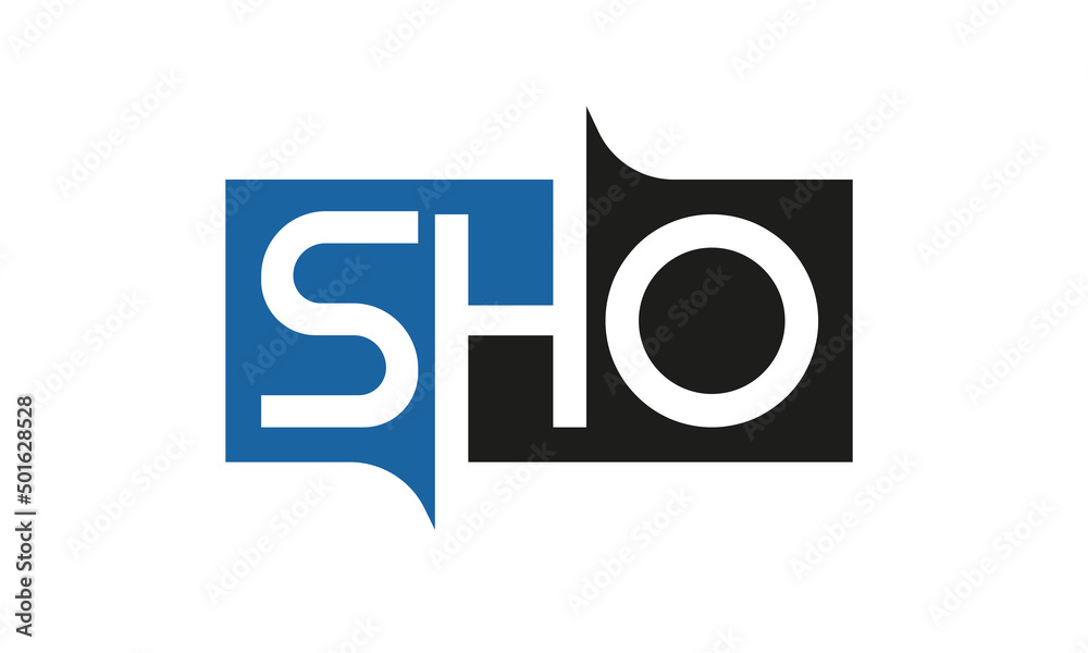 SHO Square Framed Letter Logo Design Vector with Black and Blue Colors SHO Square Framed Letter Logo Design Vector with Black and Blue Colors
