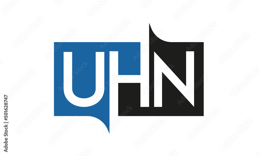 UHN Square Framed Letter Logo Design Vector with Black and Blue Colors UHN Square Framed Letter Logo Design Vector with Black and Blue Colors