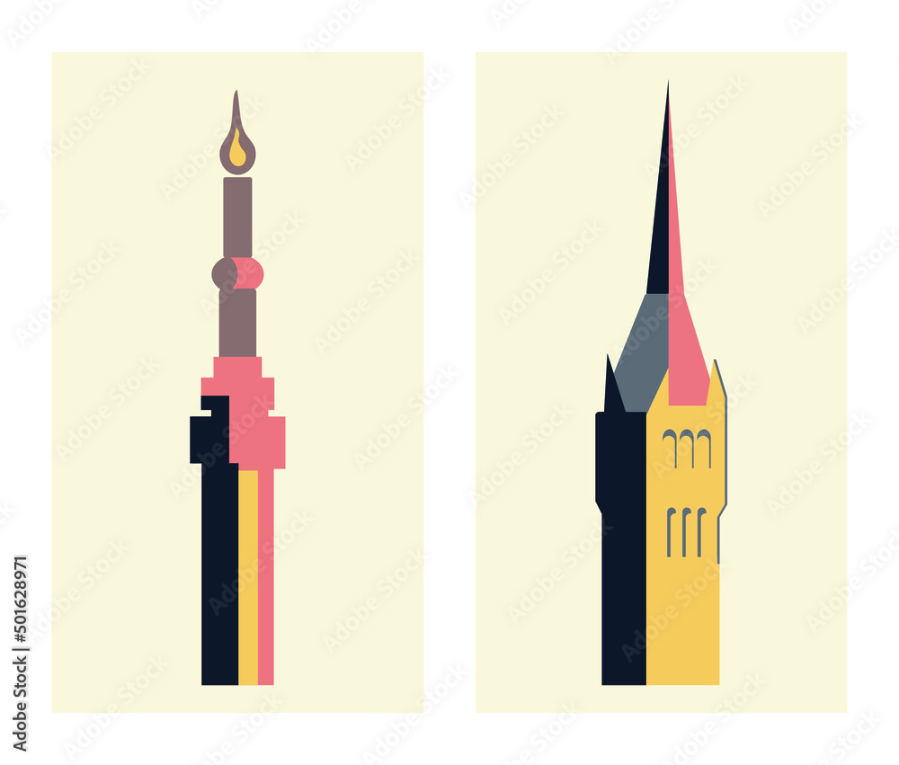 Two old town towers in gothic style.. Tower, castle, church. Vector illustration set of a high thing building house with spire.