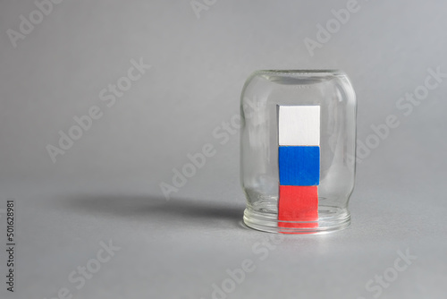 Economic sanctions russia closed in glass jar. World sanctions concept cancel russia economy. Global economic impact concept isolation Russia ban international sanctions restriction. Russian flag sign photo