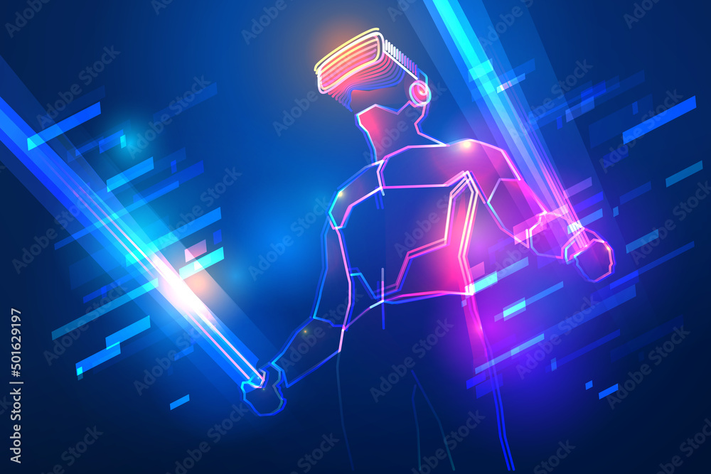 Theseus overdraw lovgivning Virtual reality gaming. Man wearing vr headset and using light swords in  abstract world. Glow effect with particles and neon lines Stock Vector |  Adobe Stock