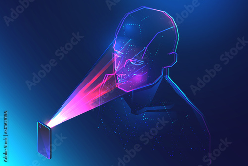 Face recognition technology. Man using smartphone for biometric facial identification. Vector illustration