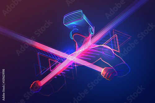 Gamer in virtual reality. Person wearing vr headset and using light sword in abstract digital world with neon lines. Vector illustration