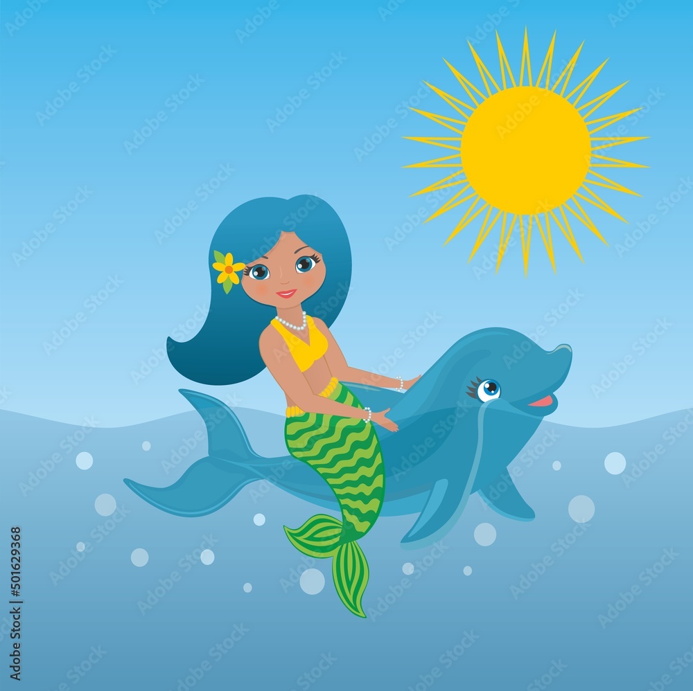 Lovely mermaid playing and riding on dolphin. Vector illustration. Square composition. Lovely mermaid playing and riding on dolphin. Vector illustration. Square composition.