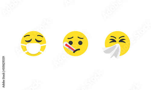 Sick emoji vector set. Sick emoticons Masked with thermometer and handkerchief