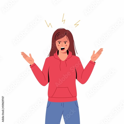 Anger, agression, stress, depression, nervous breakdown concept. Angry mad furious woman, girl yelling. Mental illness. Raising of stress level and mental hysterics.