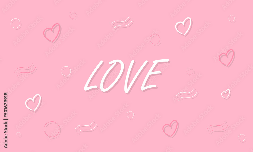 Hand drawn love pink background. Hearts with text Love vector illustration EPS10