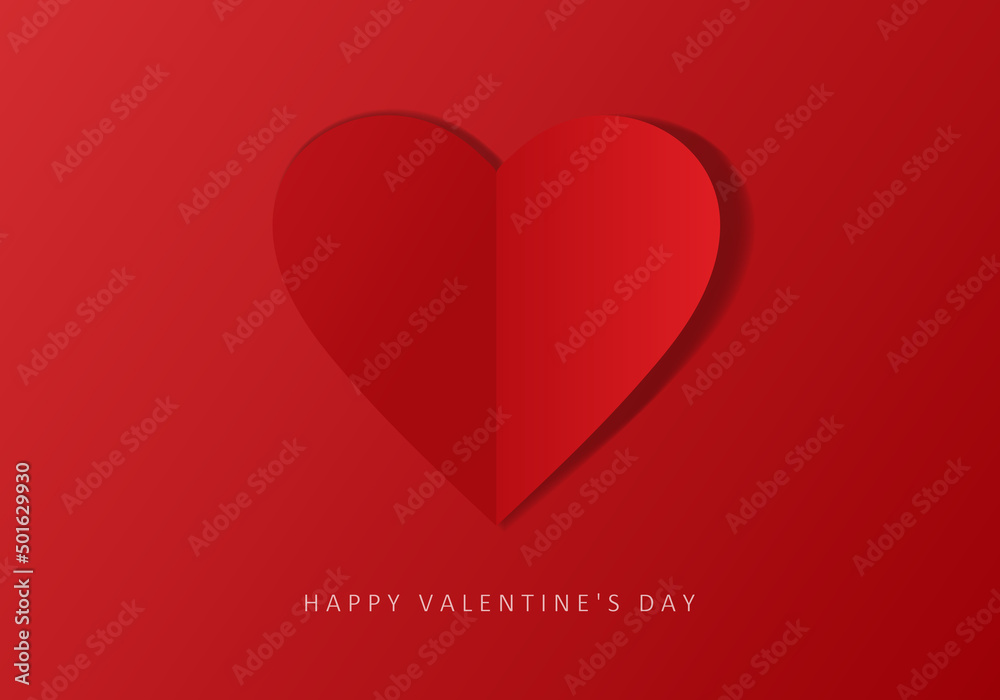 Happy Valentines Day vector banner. Realistic paper heart on red background