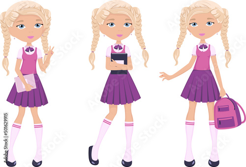 Vector set of three girl students in different poses