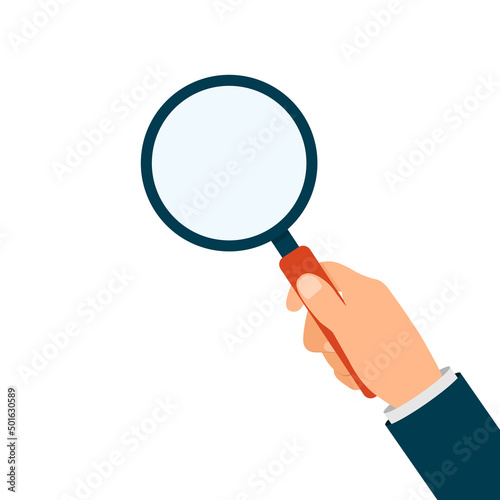 Hand holding magnifying glass isolated. Magnify lens in hand. Vector EPS 10