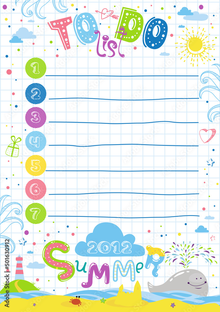 Stylish Summer colorful To Do List card with whale, sea, lighthouse and funny typography  on the background of paper  sheet in vector. Cute planner,  schedule. Template for 2022 year