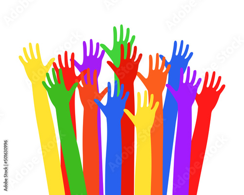 Multi-colored hands raised up. Vector illustration EPS10
