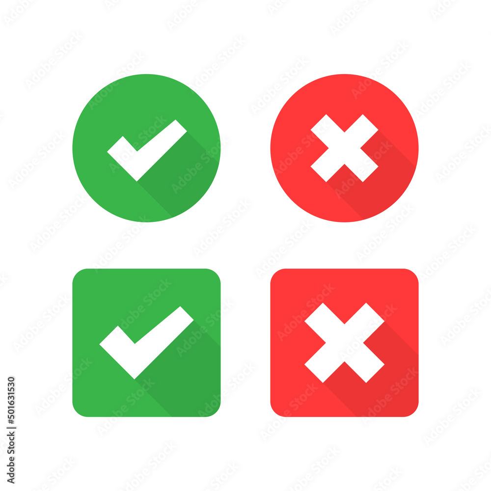 Green check mark and red cross icon set. Positive and negative symbol. Approved and rejected icon. Vector EPS10 Green check mark and red cross icon set. Positive and negative symbol. Approved and rejected icon. Vector EPS10