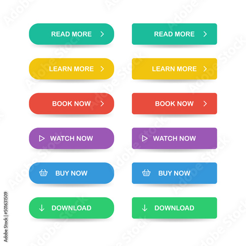 Web buttons set in flat style. Read, learn, book, watch and download now buttons for web site or game. Vector EPS10