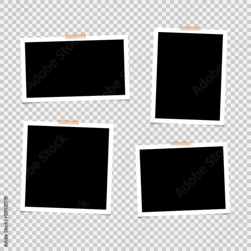 Photo frame set with adhesive tape. Photo realistic mockups isolated on transparent background. Vector EPS10