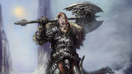A northerner warrior in steel armor with a sword and an ax stands in the snow, his face is painted with tattoos. Digital drawing style, 2D illustration