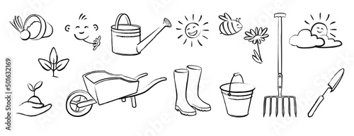 Collection of cute hand drawn cartoon garden icons
