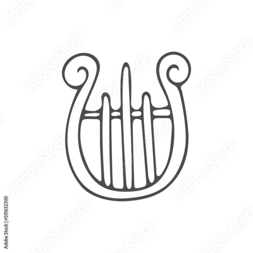 Lira angel line art. Musical string instrument. Little harp. Hand drawn vector doodle illustration. Simple sketch.