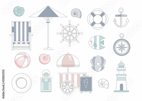 Decor in the style of sea travel, anchor, lifebuoy, lantern.