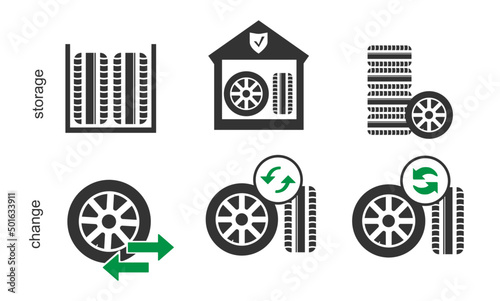 Symbole und Icons für den Reifenwechsel und Reifenlagerung