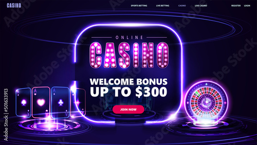 Online casino, welcome bonus, banner for website with button, digital neon casino slot machine, roulette wheel, playing cards